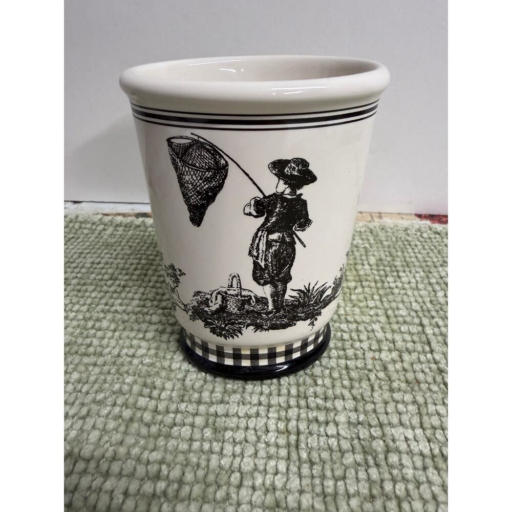 Waverly Toile Ceramic Toothbrush Holder Farmhouse Bathroom Cup Black White
